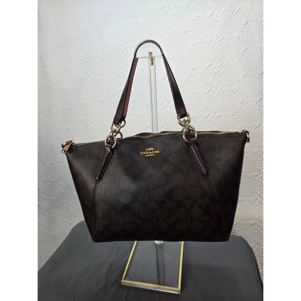 Coach Kelsey Satchel Mahogany Brown Signature Canvas Leather Handbag with COA